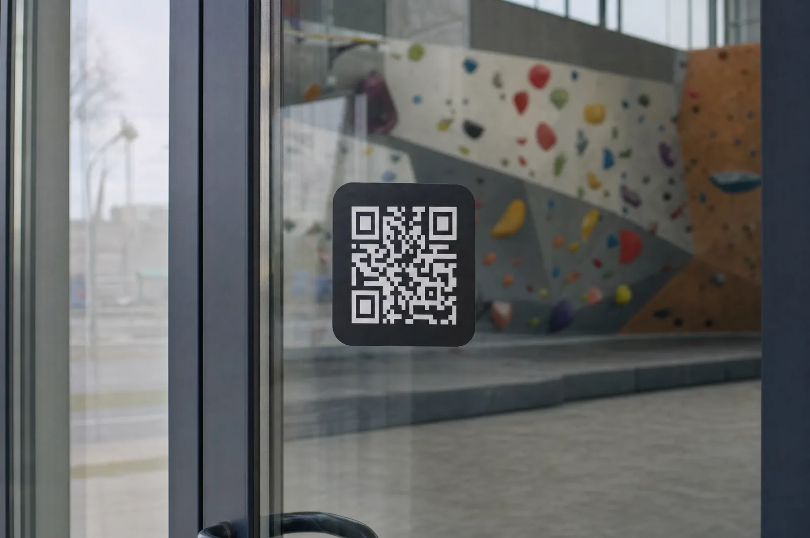 Ein gedruckter Check-in-Aufkleber am Glaseingang einer Boulderhalle